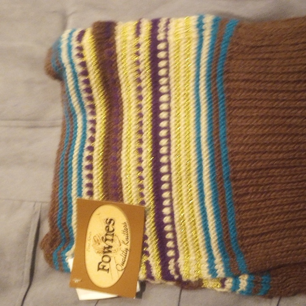 Brown & Shiny Gold Cable Fine Knit Winter Neck Scarf with Gloves Brown